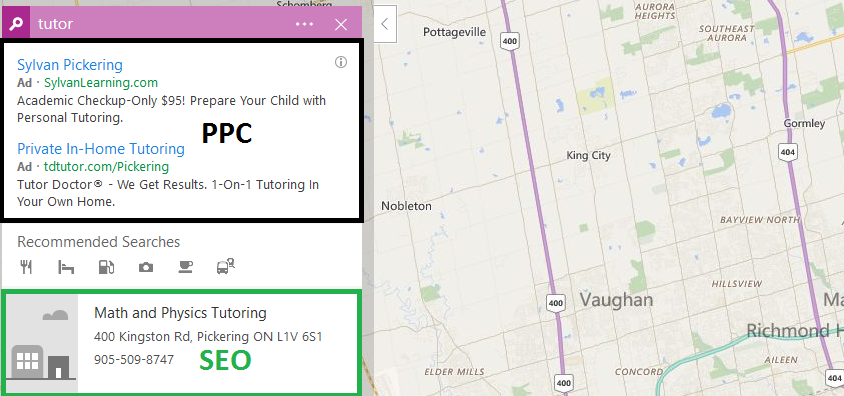 seo ppc differenes bing maps screemshot